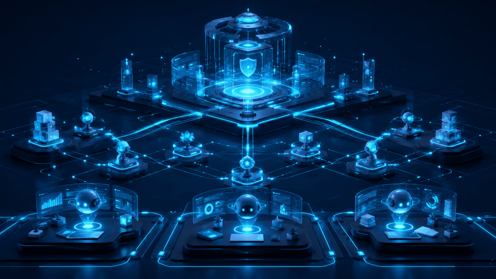 Original illustration of assistive AI, coordinated AI agents and a central enterprise governance tower